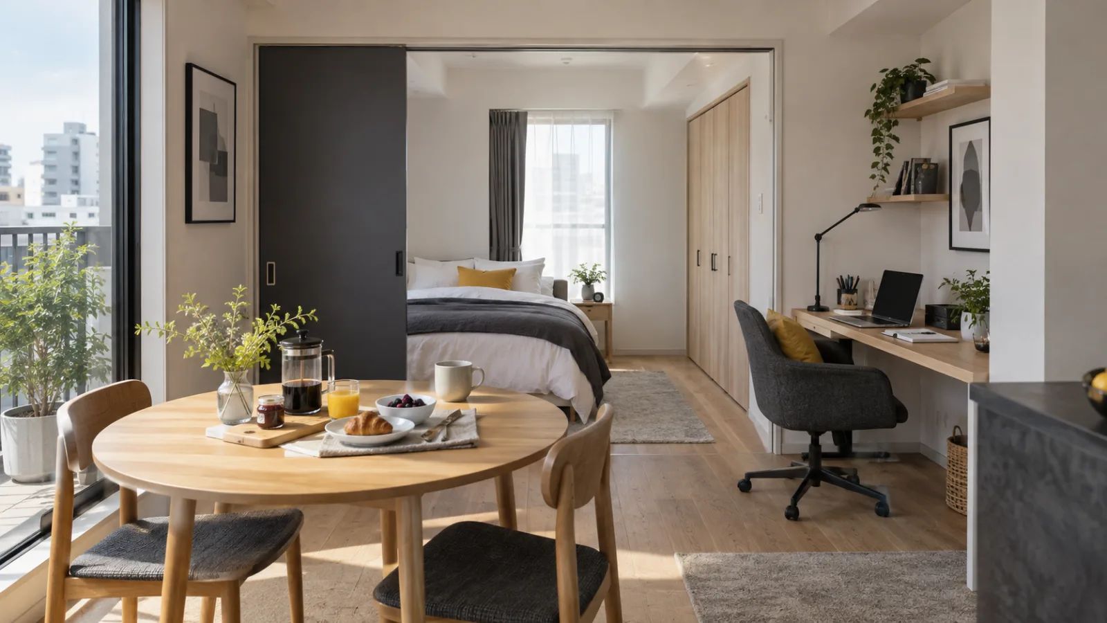 A furnished apartment with distinct areas for working, eating and resting.