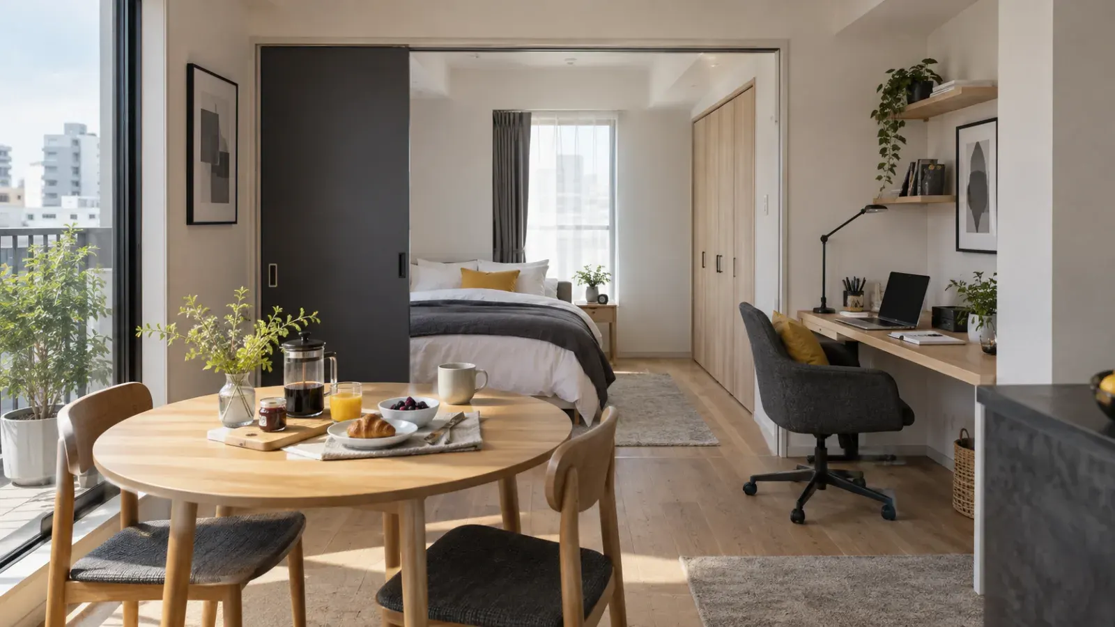 A furnished apartment with distinct areas for working, eating and resting.