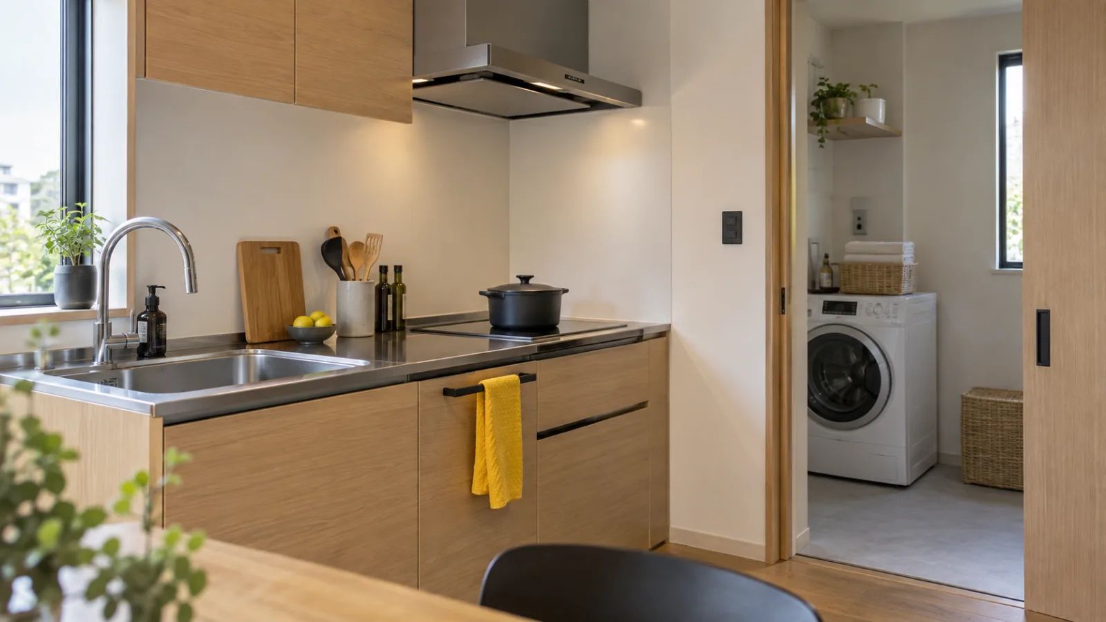 A furnished kitchen and laundry area in a residence.