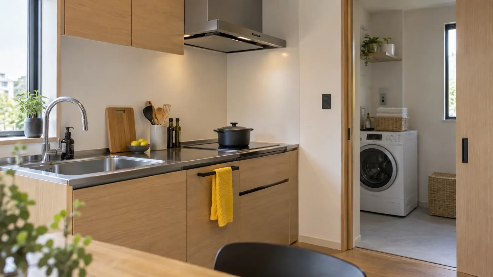 A furnished kitchen and laundry area in a residence.