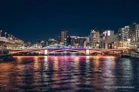 People walking from the Skytree side toward the Sumida River before the fireworks festival.