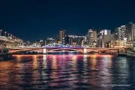 People walking from the Skytree side toward the Sumida River before the fireworks festival.