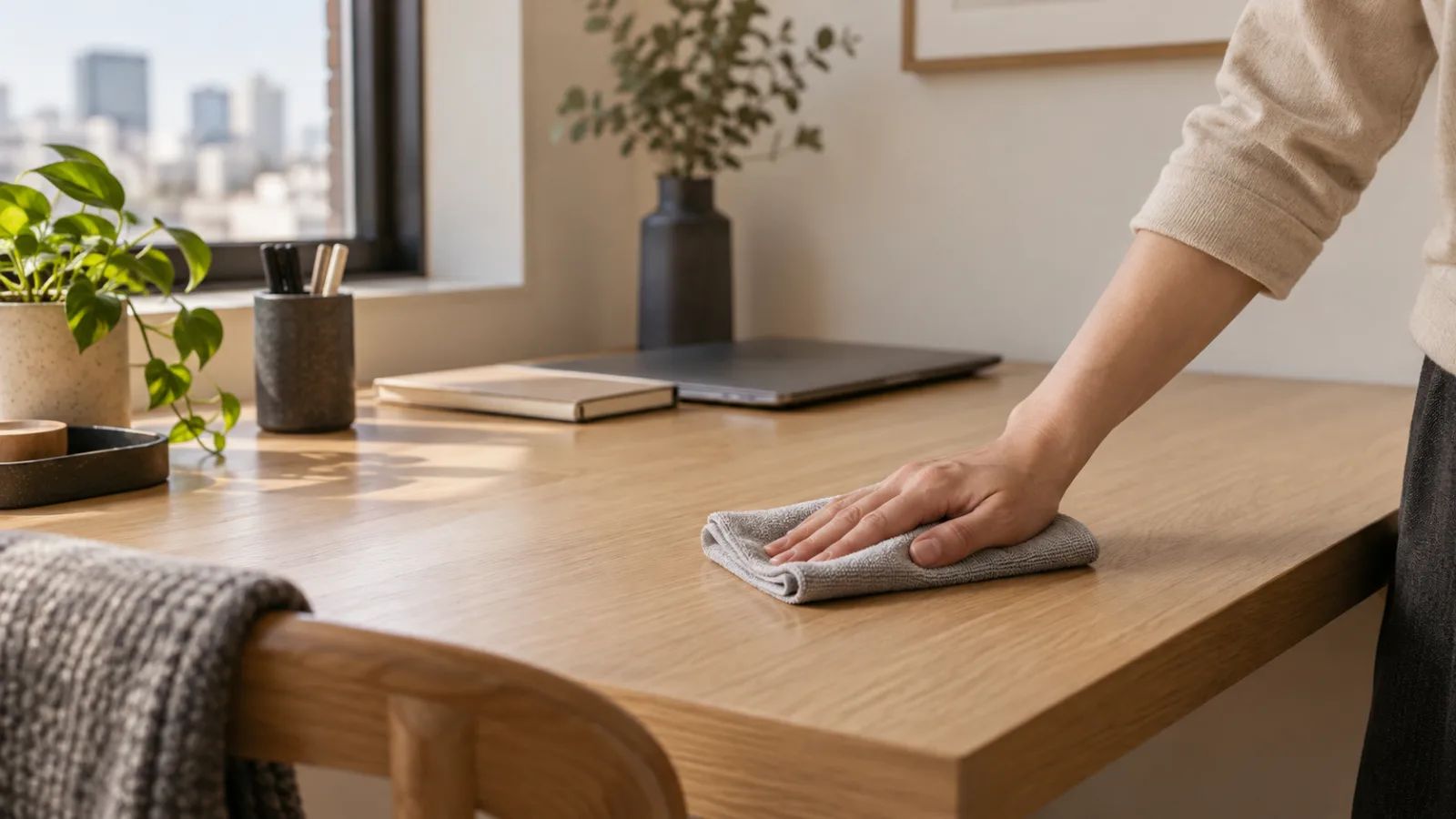 A tidy apartment workspace with an unobstructed ventilation grille.