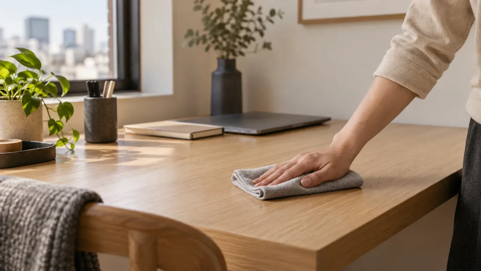 A tidy apartment workspace with an unobstructed ventilation grille.