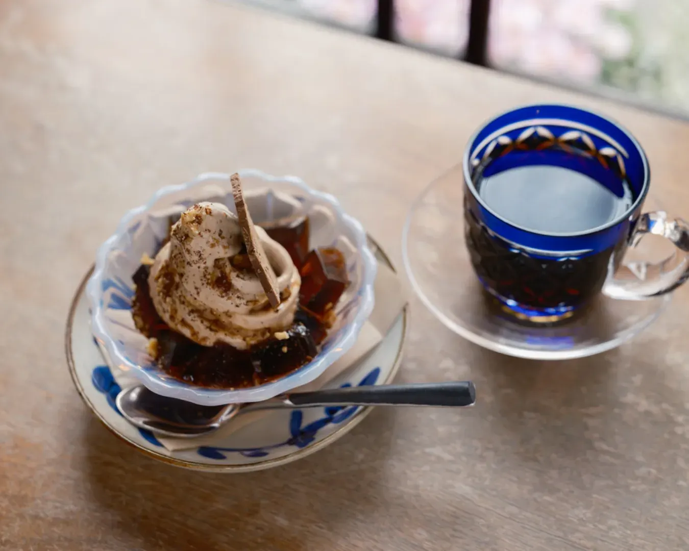 Coffee served in an Edo Kiriko cup during a workday pause in Kinshicho.