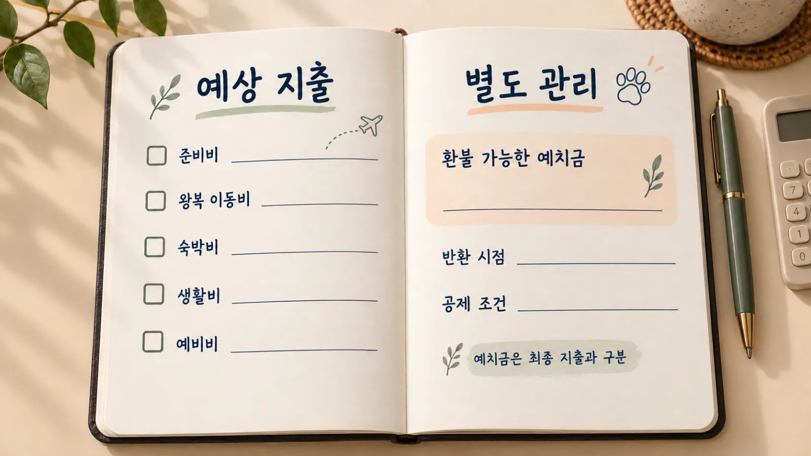 준비비와 생활비를 나누어 적은 여행 메모.