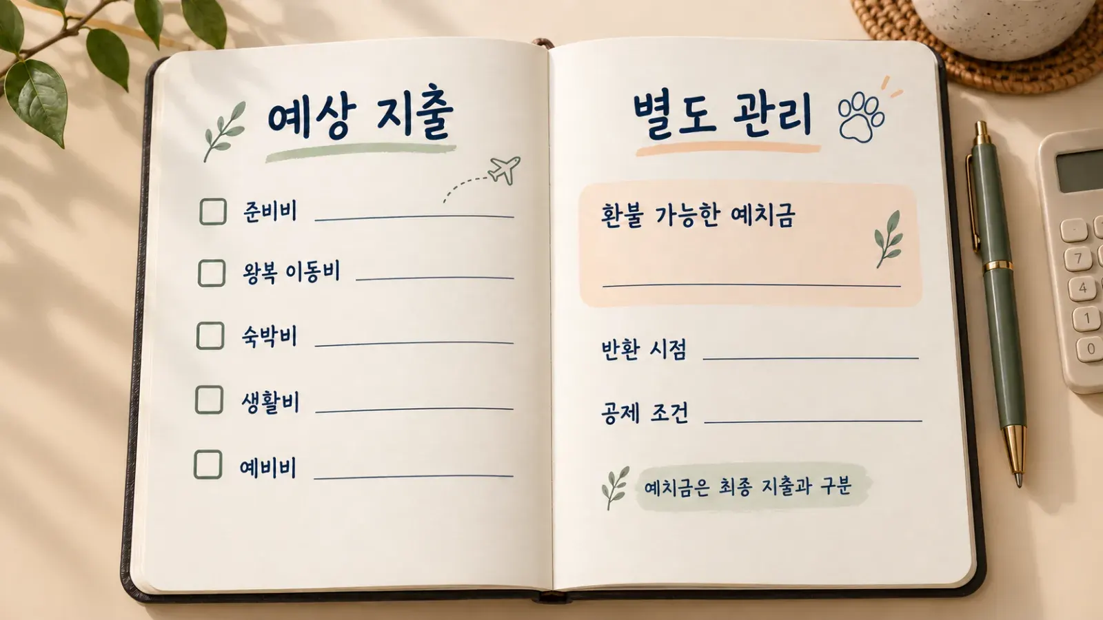 준비비와 생활비를 나누어 적은 여행 메모.