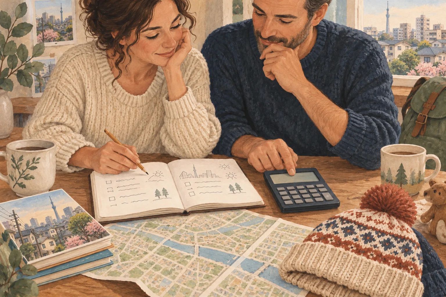 Parents preparing a budget for a month-long Tokyo family holiday.