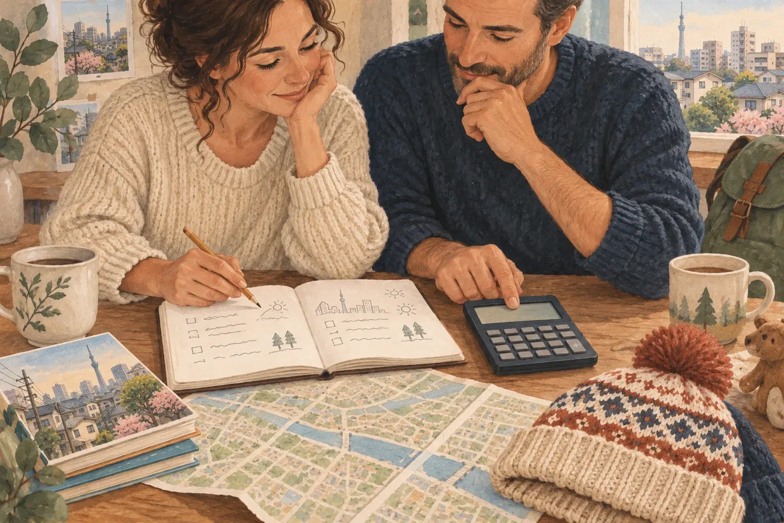 Parents preparing a budget for a month-long Tokyo family holiday.
