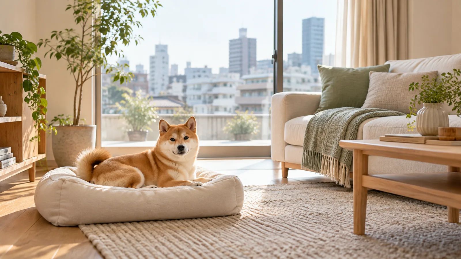 A dog resting beside a washable bed in a generic pet-permitted home.