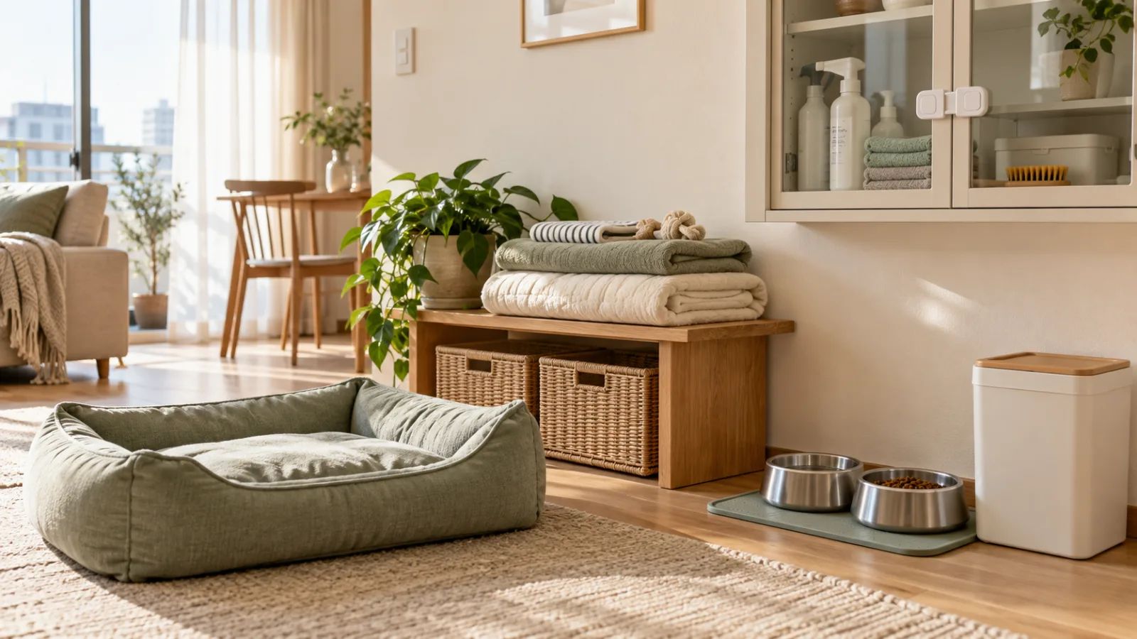 Washable pet bedding and cleaning supplies stored securely in a generic home.