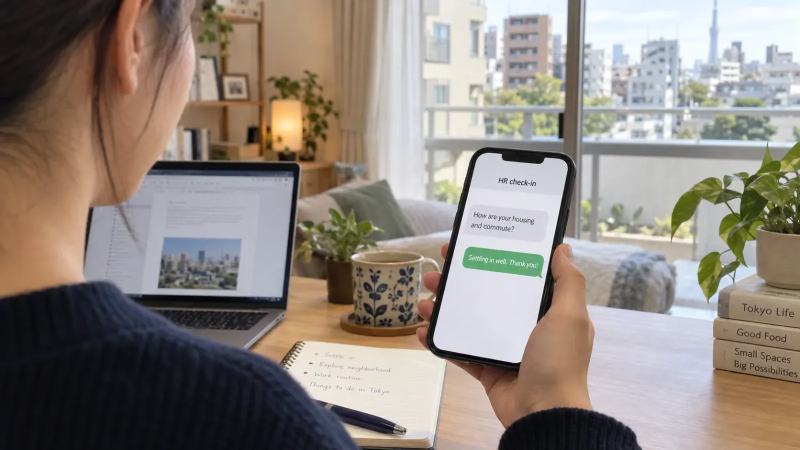“HR follow-up after an employee relocates to Tokyo”.