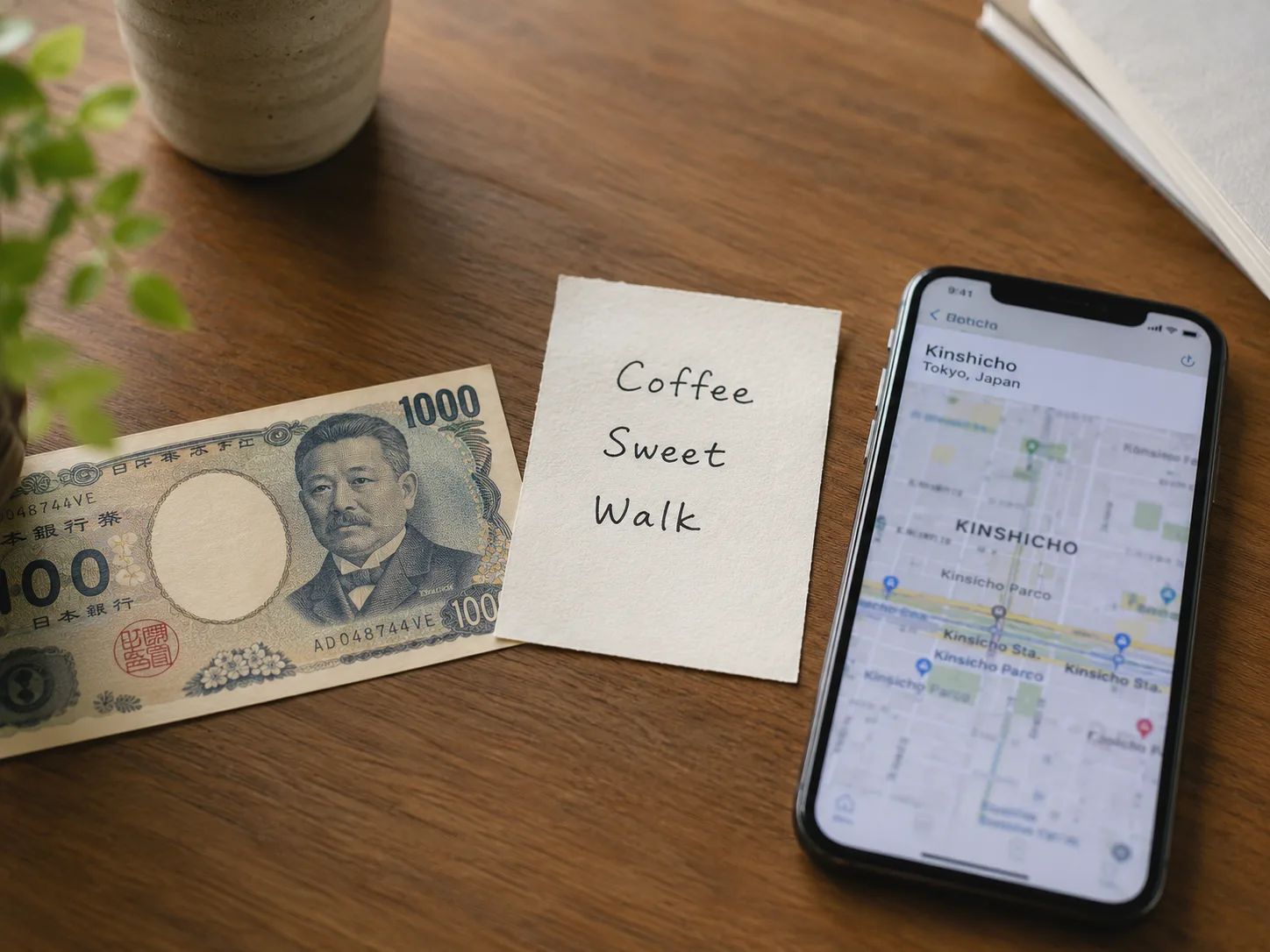 A ¥1,000 budget, a handwritten coffee and snack note, and a Kinshicho map on a table.