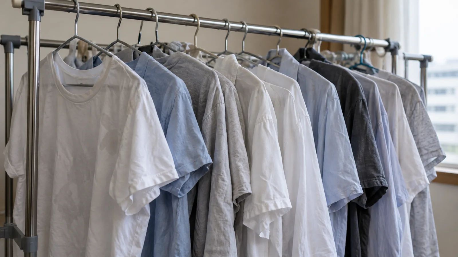 Damp shirts crowded together on an indoor drying rack.