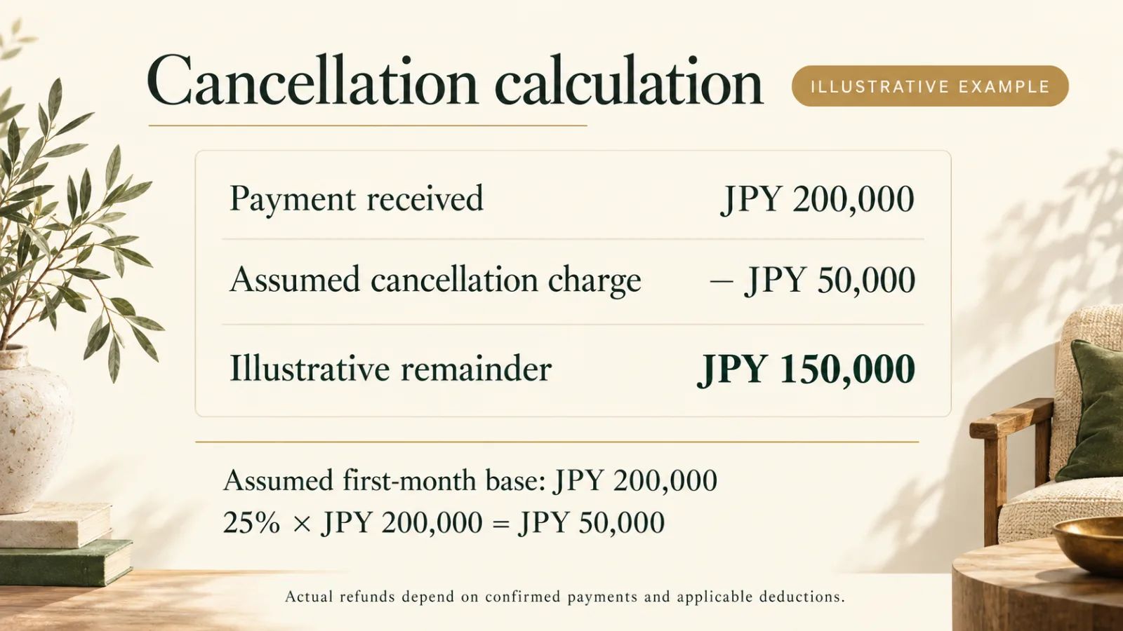 An itemized example of a cancellation calculation marked illustrative.