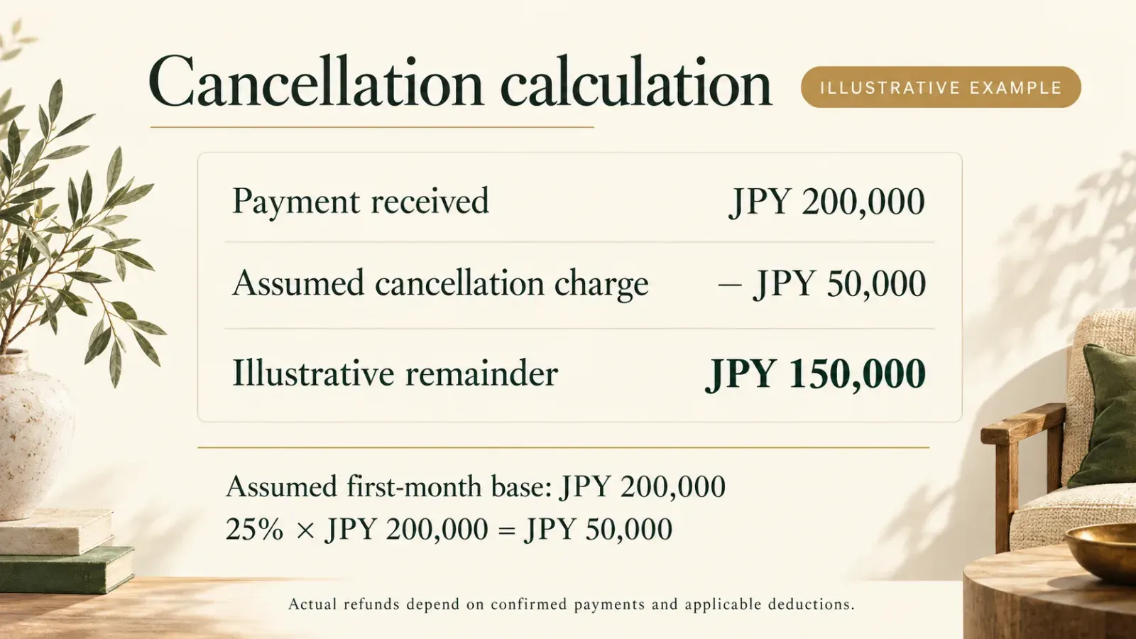 An itemized example of a cancellation calculation marked illustrative.