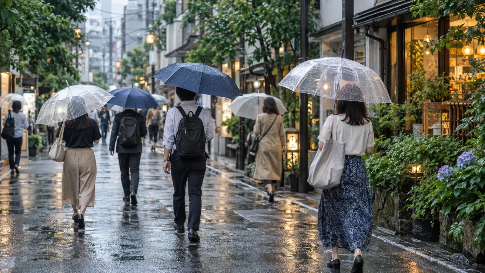 People carrying umbrellas along a rainy Tokyo street.
