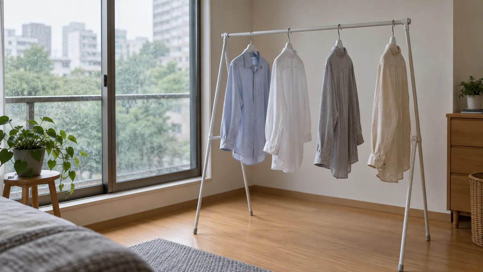 Shirts hanging with space between them on an indoor drying rack.