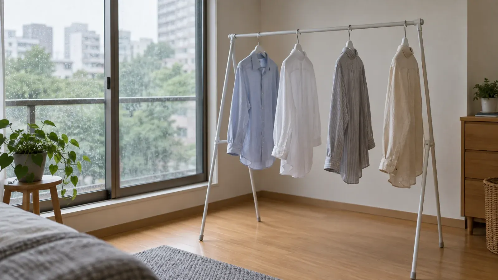 Shirts hanging with space between them on an indoor drying rack.