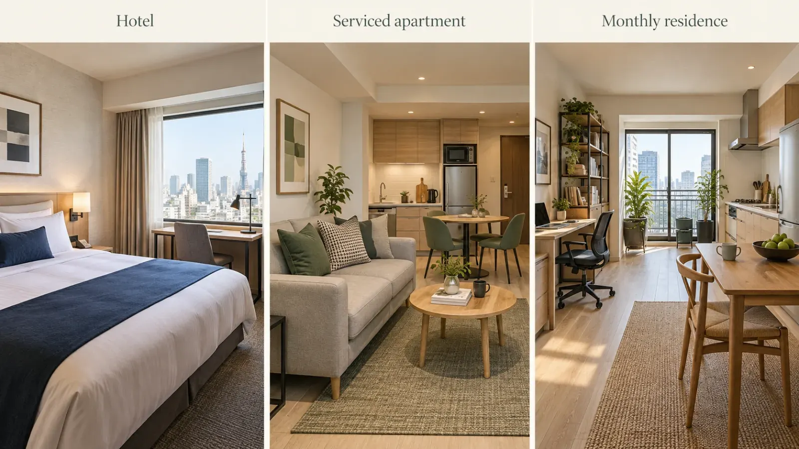 “Hotel serviced apartment and monthly residence in Tokyo comparison”.