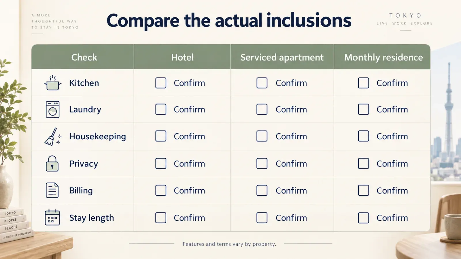 “Expat housing comparison checklist Tokyo”.