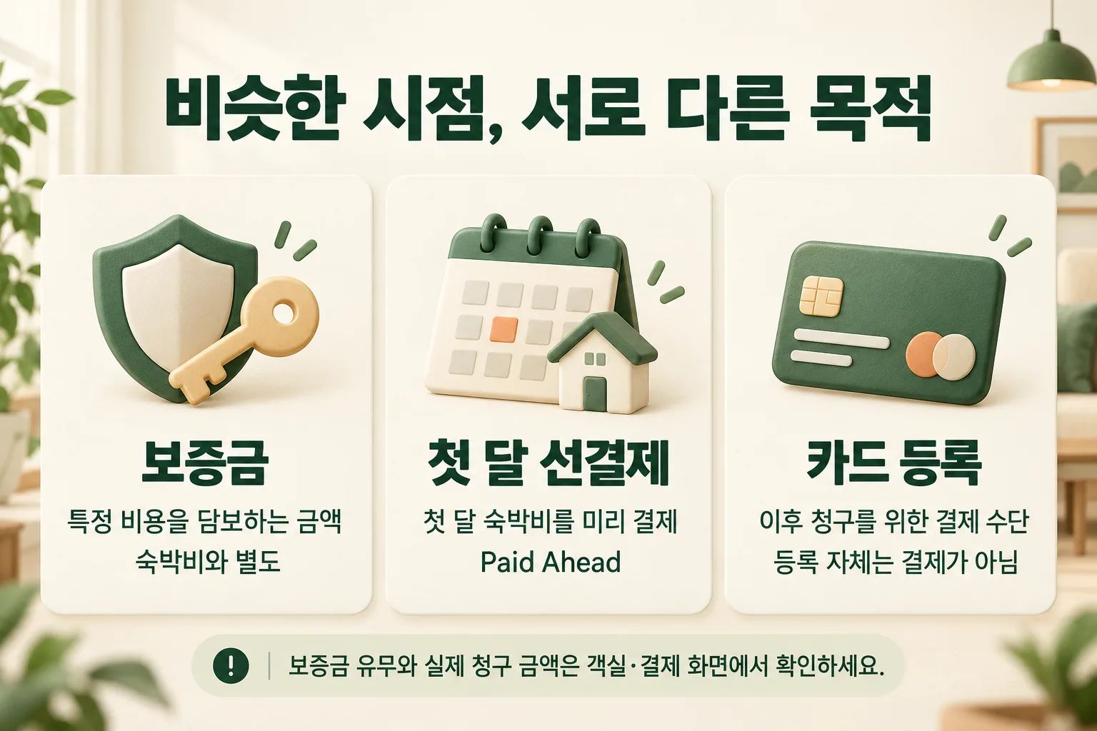 보증금·첫 달 숙박비·카드 등록을 나눈 세 개의 설명 카드.