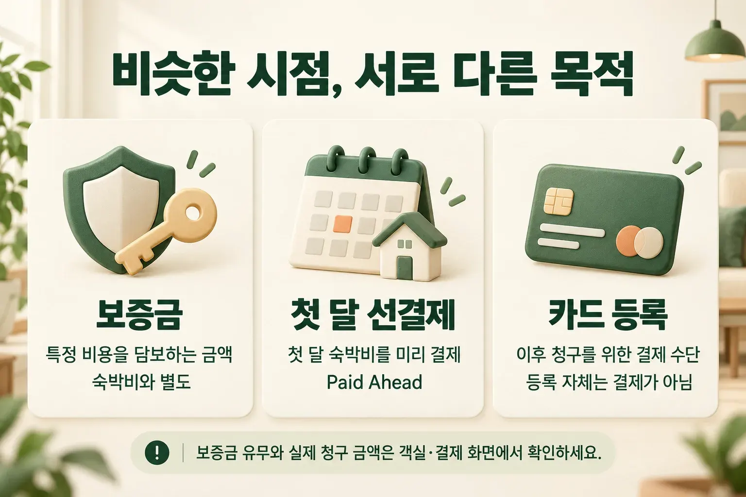 보증금·첫 달 숙박비·카드 등록을 나눈 세 개의 설명 카드.