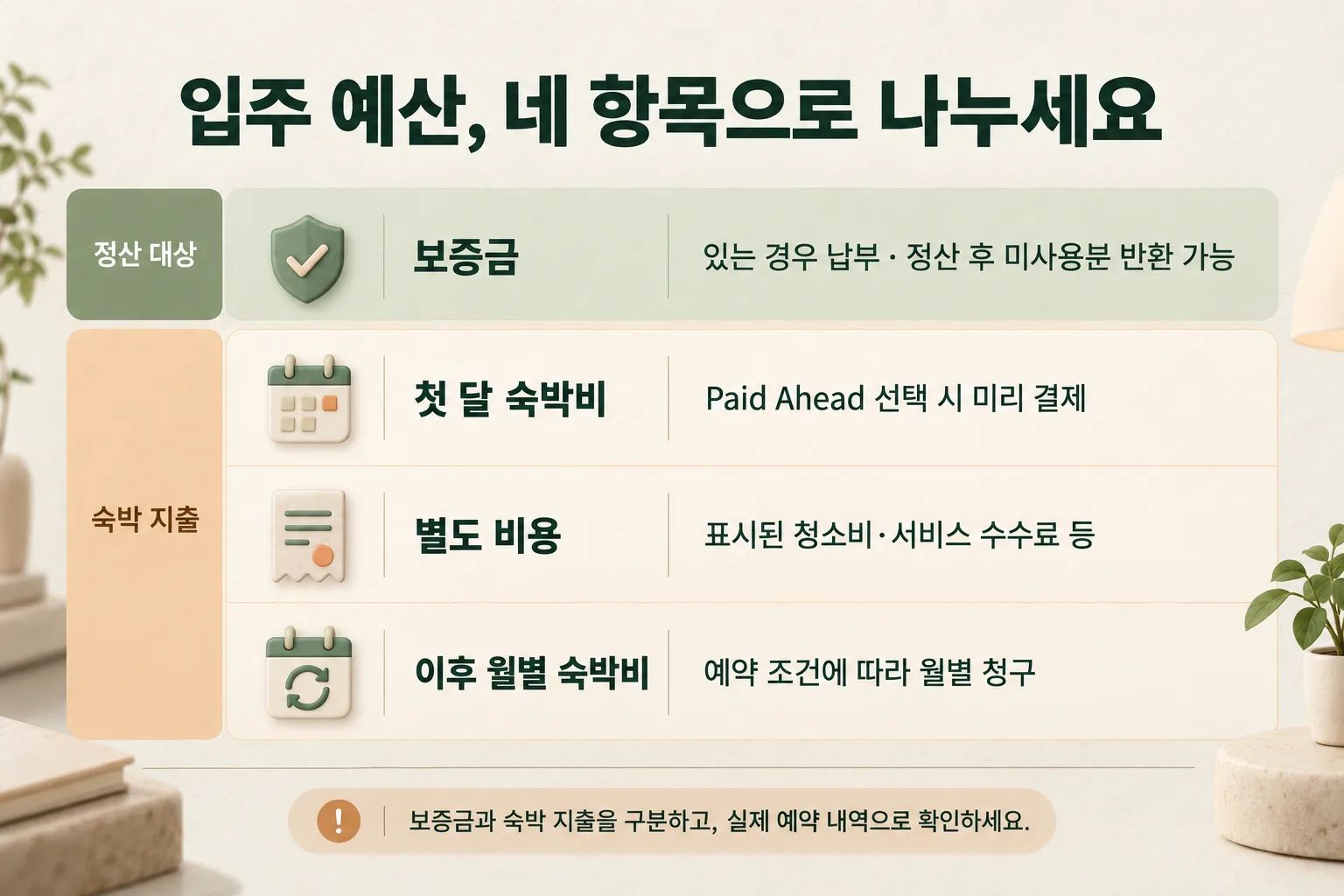 보증금·첫 달 금액·별도 비용·이후 월세를 구분한 예산표.