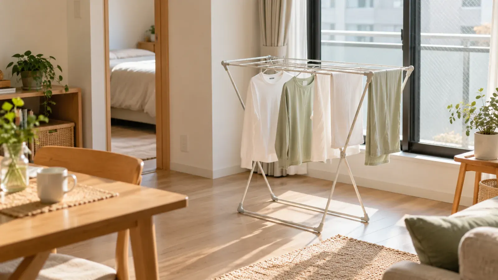 An outdoor jacket placed separately from clean bedding near an entrance.