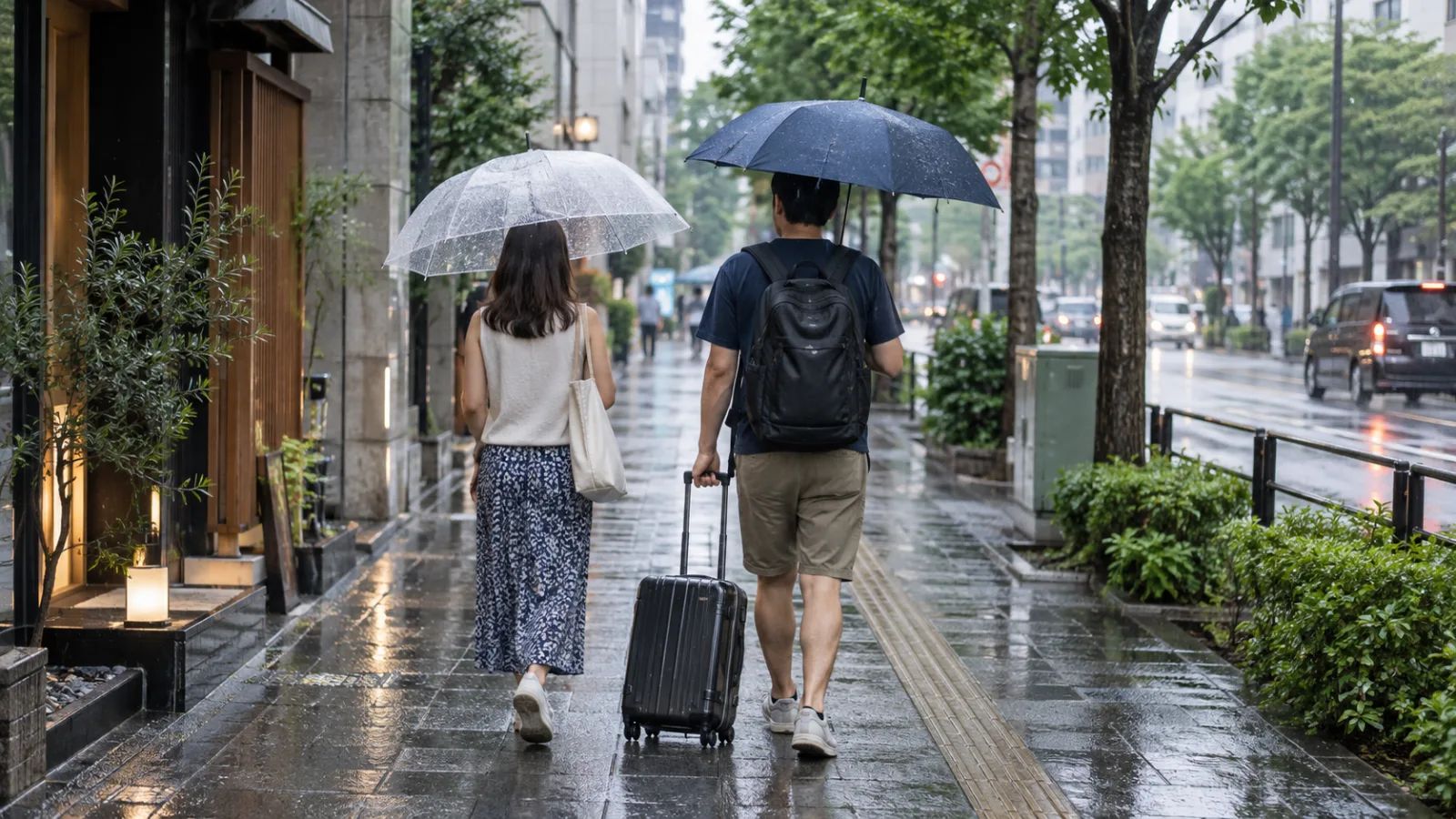 젖은 도쿄 보도에서 우산을 들고 걷는 여행자.