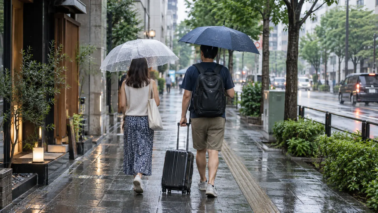 젖은 도쿄 보도에서 우산을 들고 걷는 여행자.