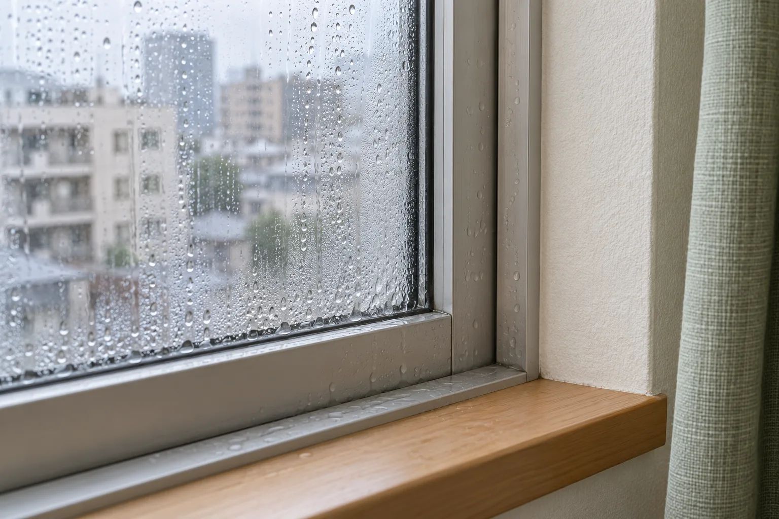 Condensation on a window and its surrounding frame.