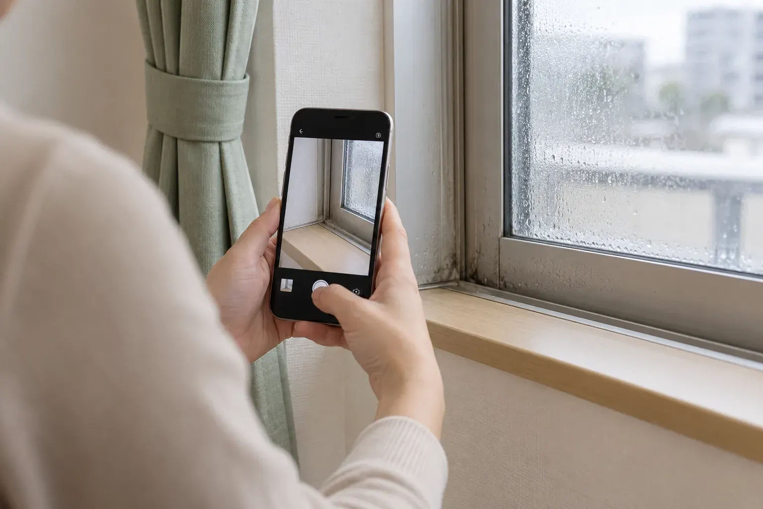 A person photographing a damp window frame for a maintenance report.