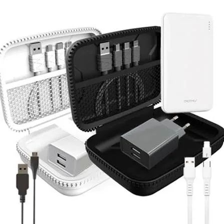 A small connectivity pouch with cables, charger, adapter, power bank, and phone.