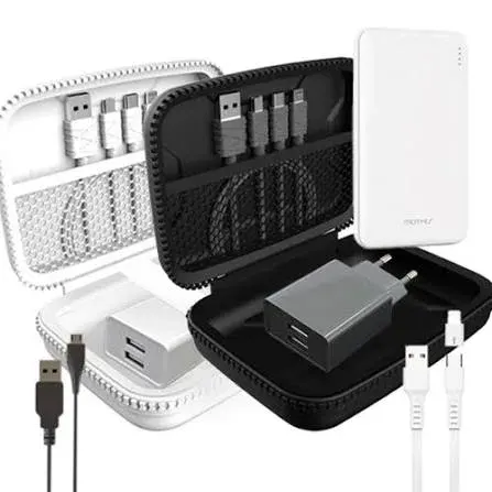 A small connectivity pouch with cables, charger, adapter, power bank, and phone.