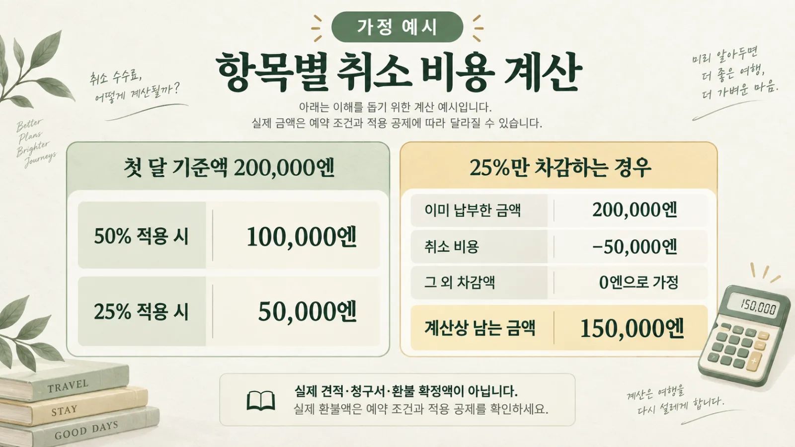 예시라고 표시된 항목별 취소 비용 계산표