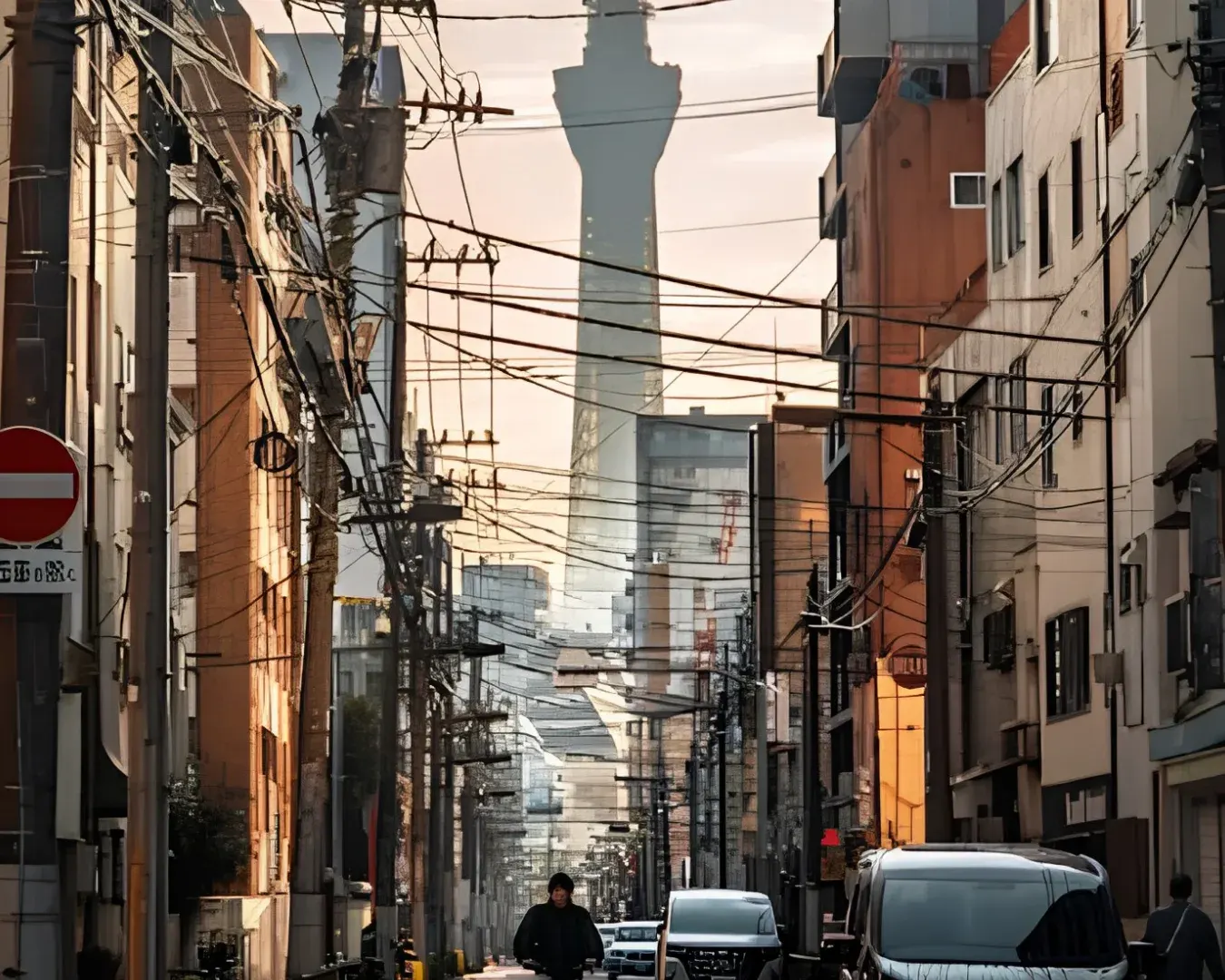 Tokyo Skytree rising above a local street during the walk to Asakusa