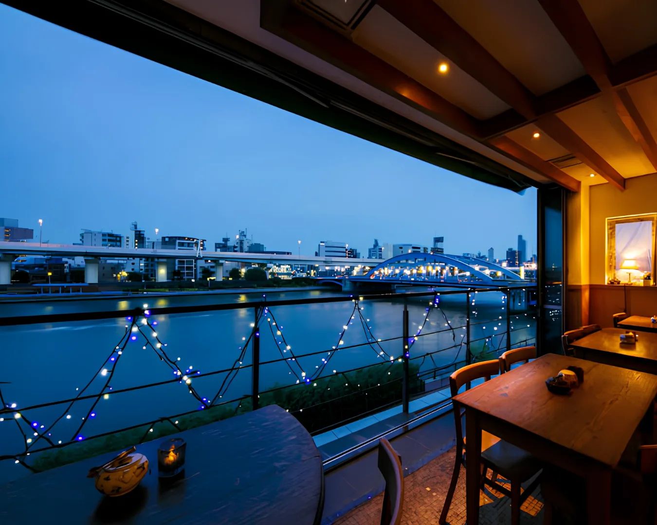 Coffee by the window at Café Meursault overlooking the Sumida River