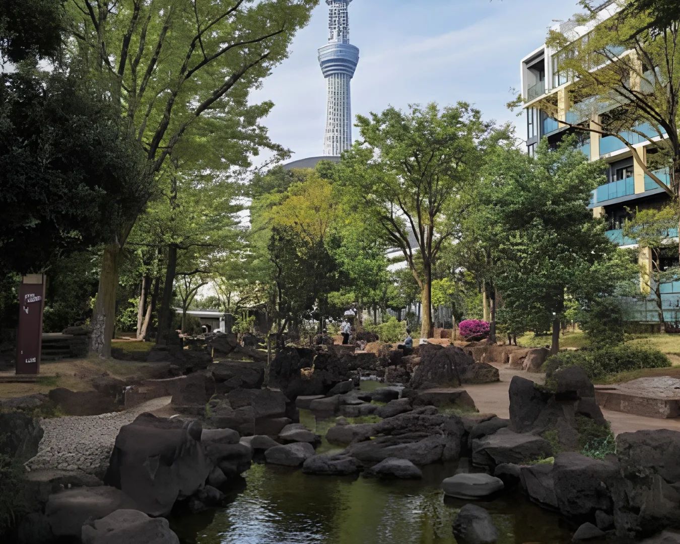 Tokyo Skytree appearing above Oyokogawa Shinsui Park