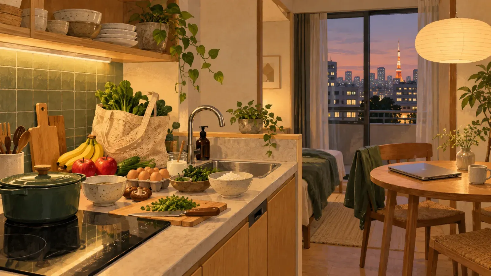 “Full kitchen at HIVEN Kinshicho for a one-month stay in Tokyo”.