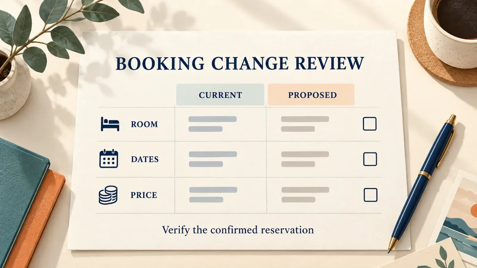 A checklist comparing room, dates and price for a booking change.