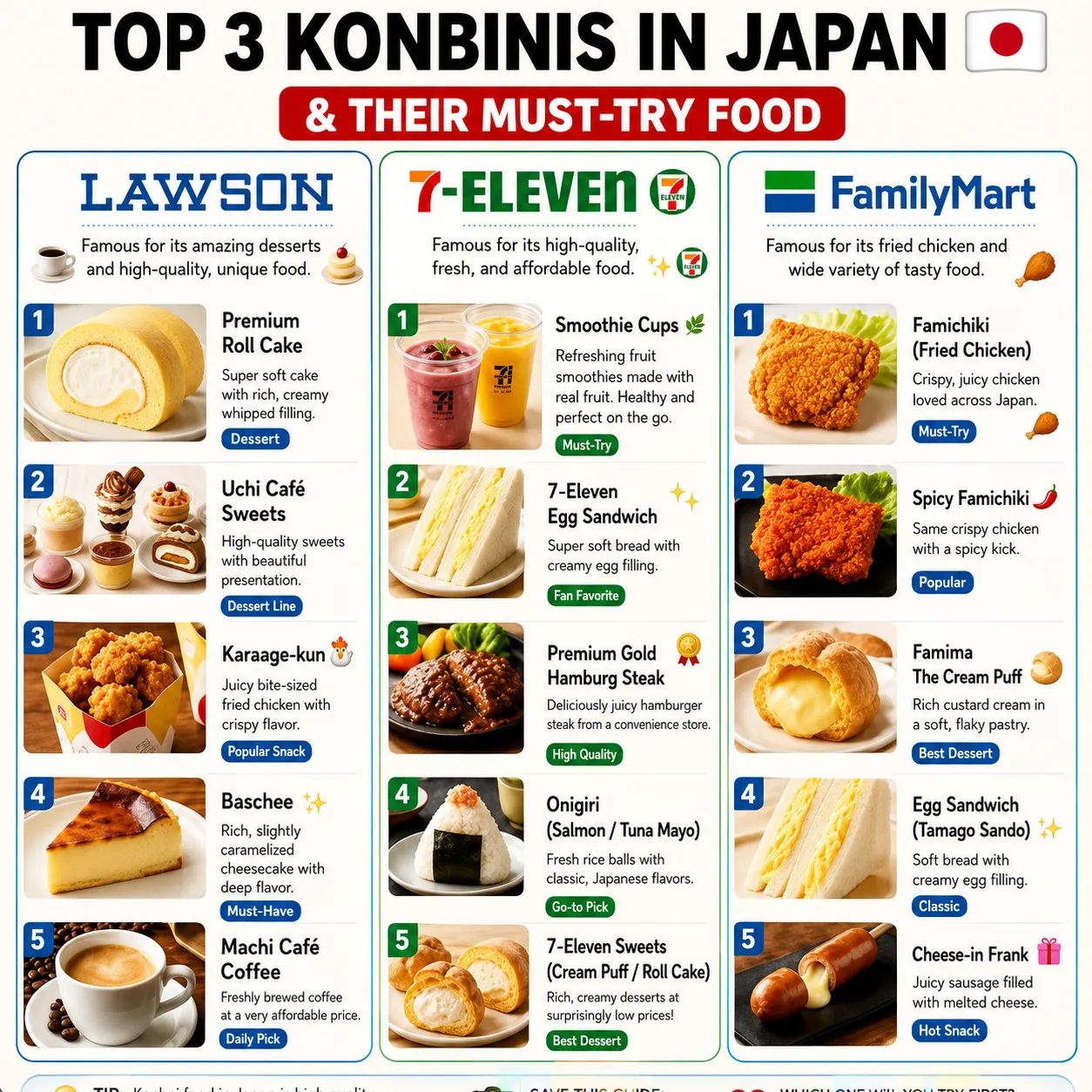 A practical table of Japanese convenience store meal options for breakfast, lunch, dinner, workdays, rainy days, and dessert.