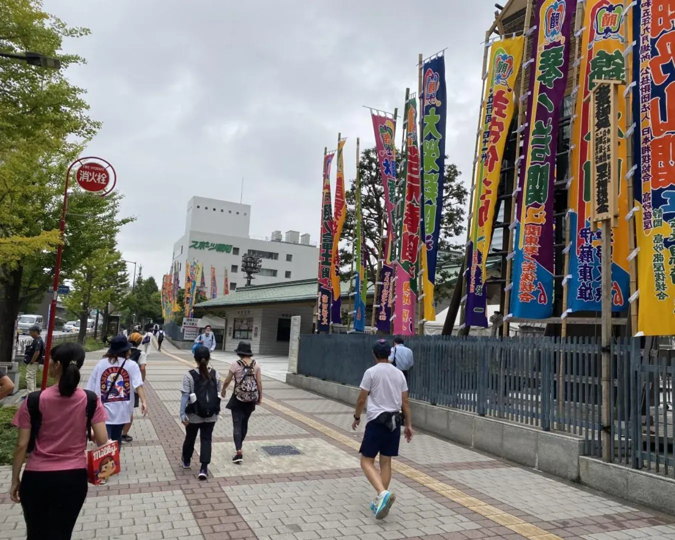 Pedestrians outside Ryogoku Station after a short local train ride from Kinshicho.
